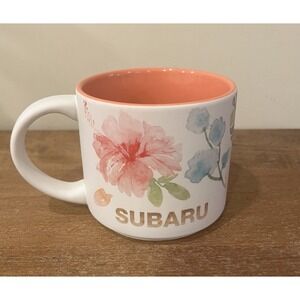 SUBARU Coffee Tea Mug Cup Floral Tropical Hibiscus Flowers White Coral Interior